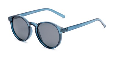 Angle of Cash #2029 in Clear Blue Frame with Grey Lenses, Women's and Men's Round Sunglasses