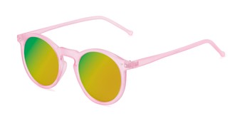 Angle of Hoffman #9728 in Frosted Light Pink Frame with Yellow/Green Mirrored Lenses, Women's and Men's Round Sunglasses
