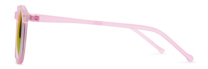 Side of Hoffman #9728 in Frosted Light Pink Frame with Yellow/Green Mirrored Lenses