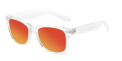 Angle of Jackson in Clear Frame with Red/Orange Mirrored Lenses, Women's and Men's Retro Square Sunglasses