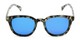 Front of Mac in Grey Tortoise Frame with Blue Mirrored Lenses