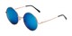 Angle of Coraline in Gold Frame with Blue Mirrored Lenses, Women's Round Sunglasses