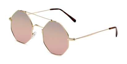 Angle of Dewey in Gold Frame with Pink Lenses, Women's Round Sunglasses