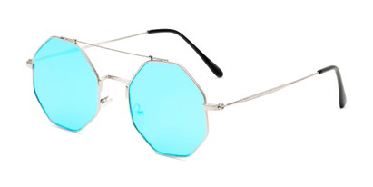 Angle of Dewey in Silver Frame with Blue Lenses, Women's Round Sunglasses