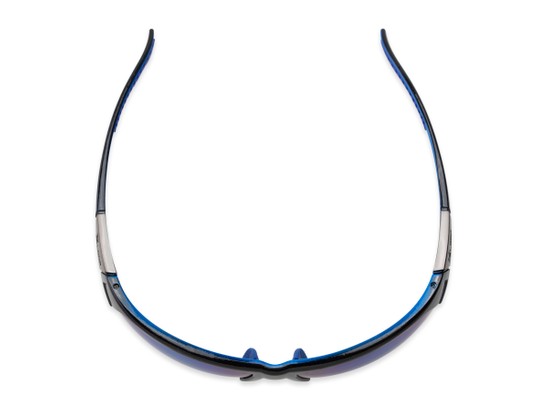 Overhead of Grable in Black/Blue Frame with Blue Mirrored Lenses