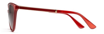 Side of Polly in Red Frame with Amber Lenses