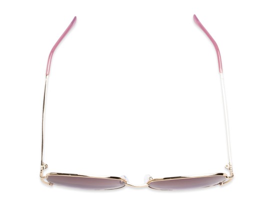 Overhead of Stacey in Gold/Purple Glitter Frame with Purple Gradient Lenses