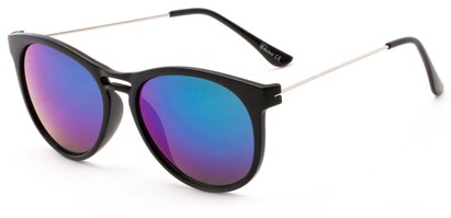 Angle of Winthrop #2642 in Matte Black Frame with Blue/Purple Mirrored Lenses, Women's Round Sunglasses