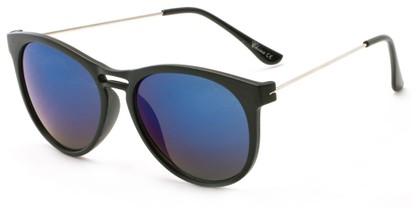 Angle of Winthrop #2642 in Matte Black Frame with Blue/Green Mirrored Lenses, Women's Round Sunglasses