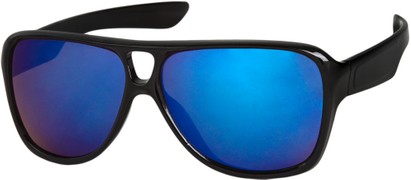 Angle of SW Mirrored Aviator Style #9166 in Glossy Black Frame with Blue Mirrored Lenses, Women's and Men's  