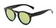 Angle of Bayview #3847 in Glossy Black Frame with Yellow/Green Mirrored Lenses, Women's and Men's Round Sunglasses