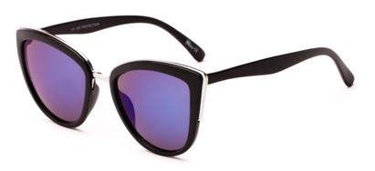 Angle of Luna #3896 in Black/Silver Frame with Blue Mirrored Lenses, Women's Cat Eye Sunglasses