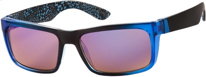 Angle of SW Retro Mirrored Style #8670 in Matte Black/Blue Frame with Amber/Blue Mirrored Lenses, Women's and Men's  