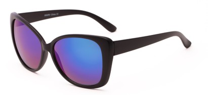 Angle of Imperial #5650 in Matte Black with Purple/Green Mirrored Lenses, Women's Cat Eye Sunglasses