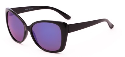 Angle of Imperial #5650 in Glossy Black Frame with Blue/Purple Mirrored Lenses, Women's Cat Eye Sunglasses