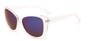 Angle of Imperial #5650 in Clear Frame with Blue/Purple Mirrored Lenses, Women's Cat Eye Sunglasses