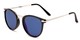 Angle of Cabo #6114 in Black/Silver Frame with Blue Mirrored Lenses, Women's and Men's Round Sunglasses