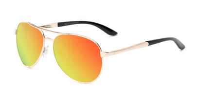 Angle of Piston #6308 in Gold/Black Frame with Orange/Blue Mirrored Lenses, Women's and Men's Aviator Sunglasses